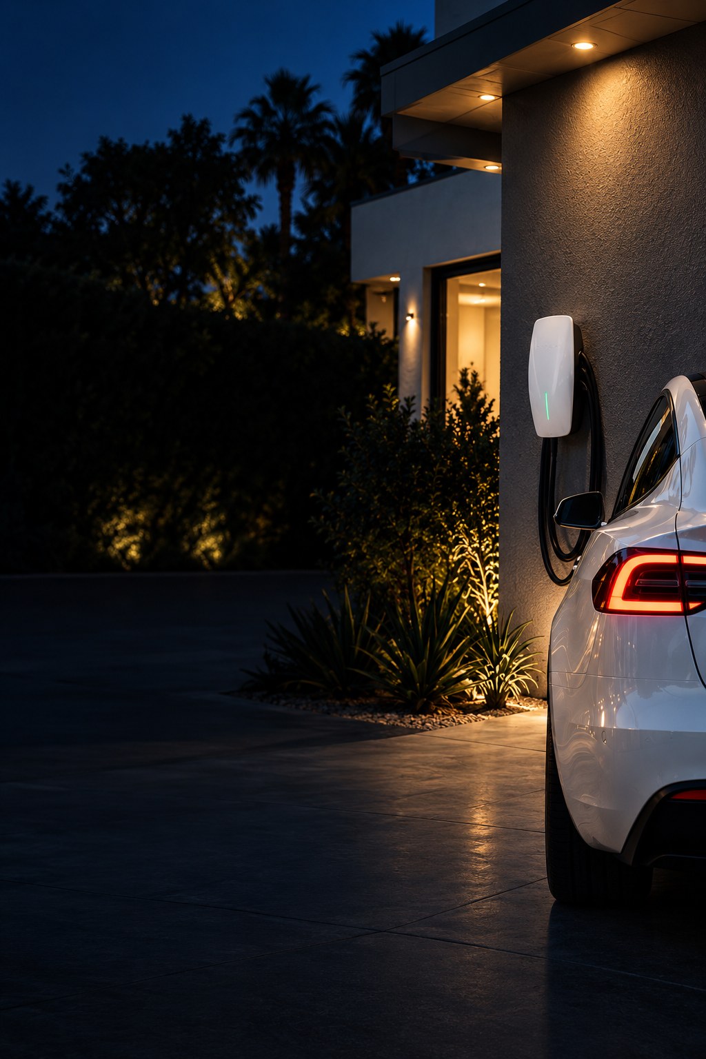 An EV and home wall charger in a residential driveway
